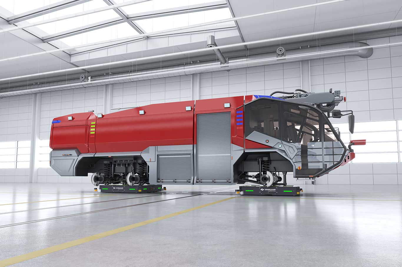 A red, futuristic firefighting vehicle displayed in a spacious garage with large windows.