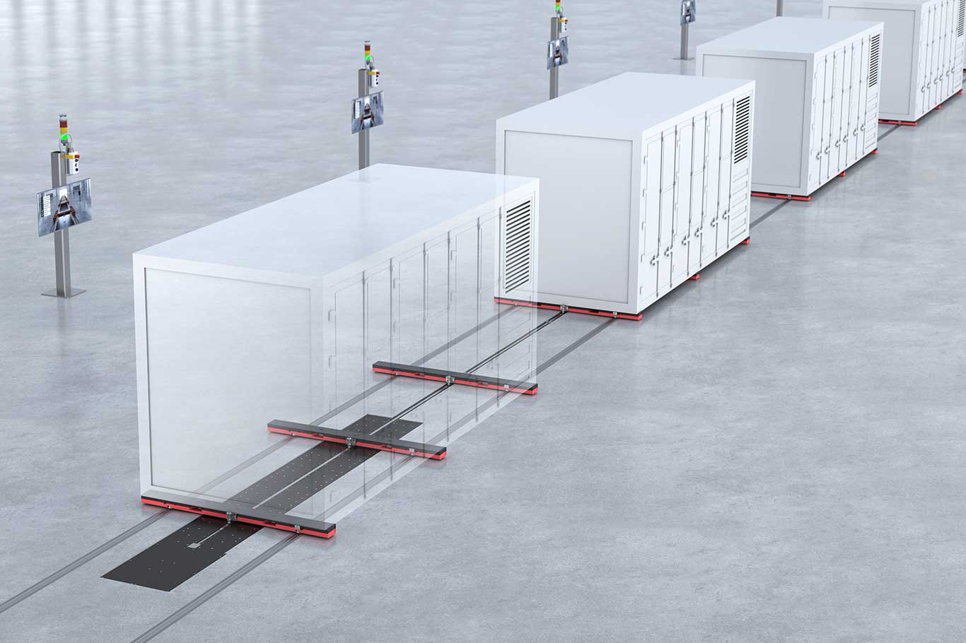 A modern facility with storage units on tracks, featuring control panels with lights. The environment is clean and industrial, with a smooth concrete floor.