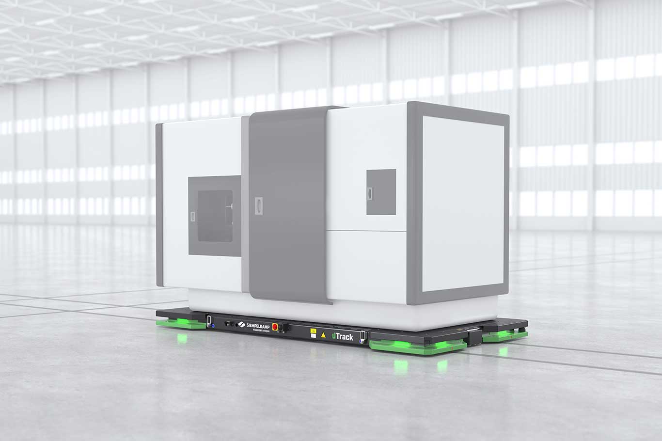 A modern robotic unit with a sleek, white and gray design, situated on a track within a spacious warehouse.