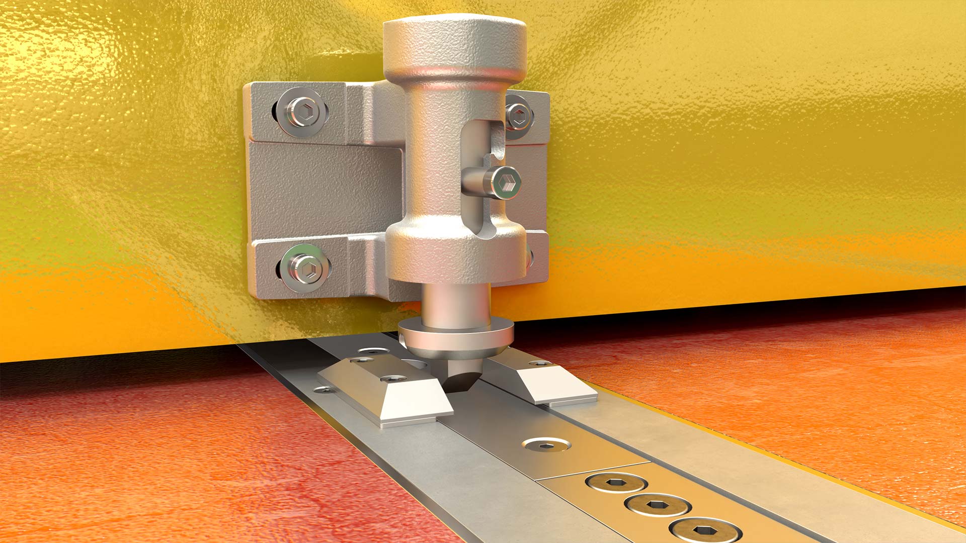 Detailaufnahme eines Verbindungselements an einer Maschine, das mit Metallteilen und Schrauben befestigt ist.