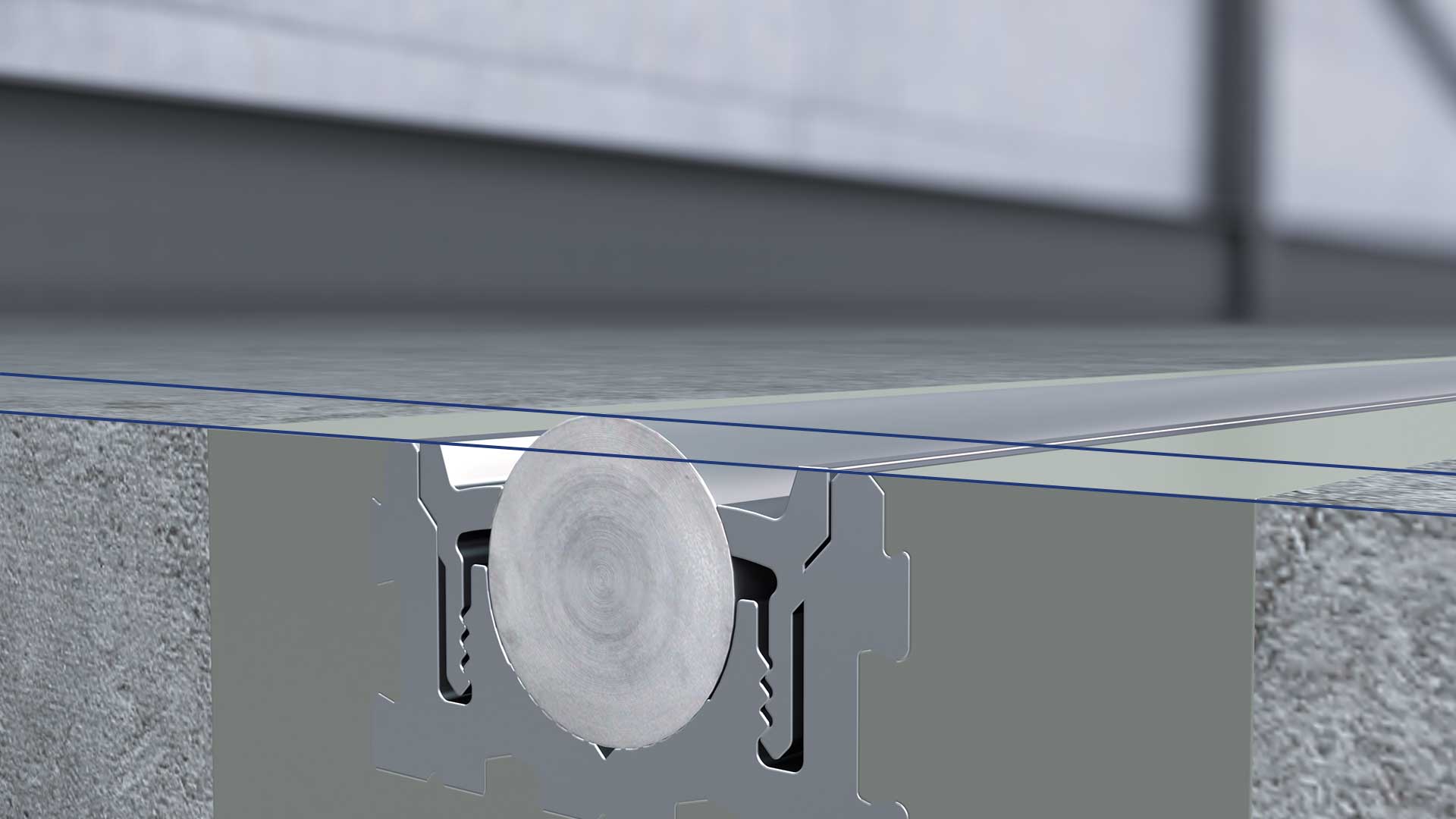 Detailansicht eines Materialschnitts mit einer Metallkomponente und einer Betonoberfläche, die eine Verbindung zeigt.