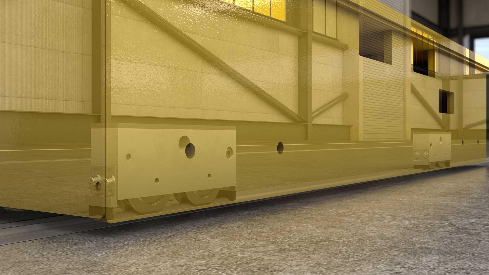 Detailansicht eines glatten Bodens mit einer gelben beweglichen Einheit und einem sichtbaren Logo von Strothmann im Hintergrund.