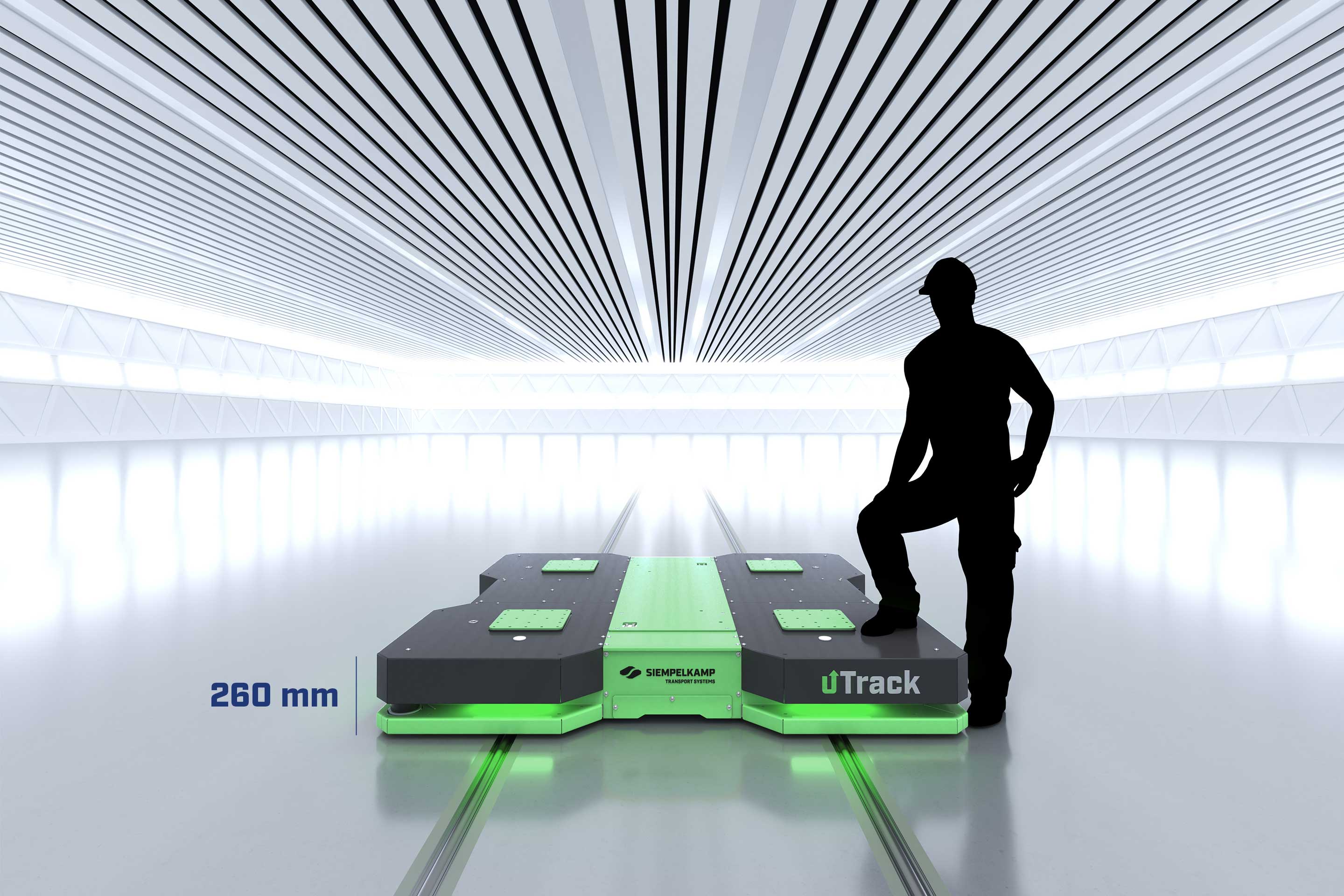 Fahrerlose Transportsysteme FTS: Mit einer Bauhöhe von 260 mm ist uTrack das flachste FTS in seiner Leistungsklasse.